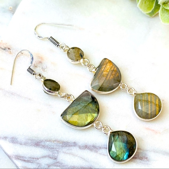 Labradorite Earrings in Sterling Silver Long Dangle - Picture 3 of 4